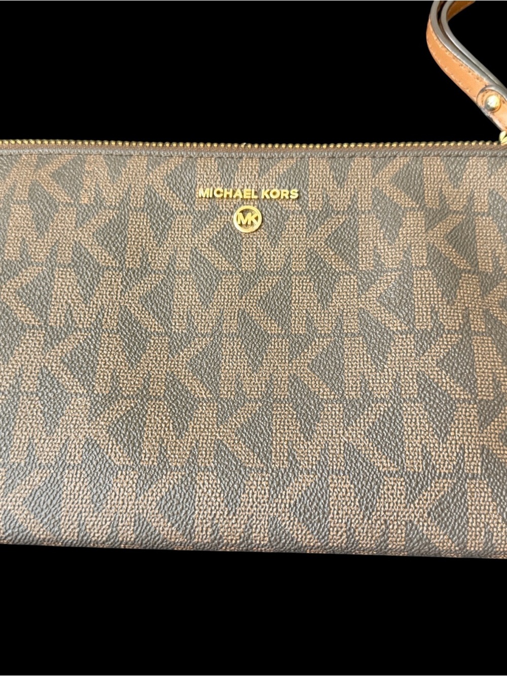 Michael Kors Brown Monogram Wristlet Clutch with Gold Logo